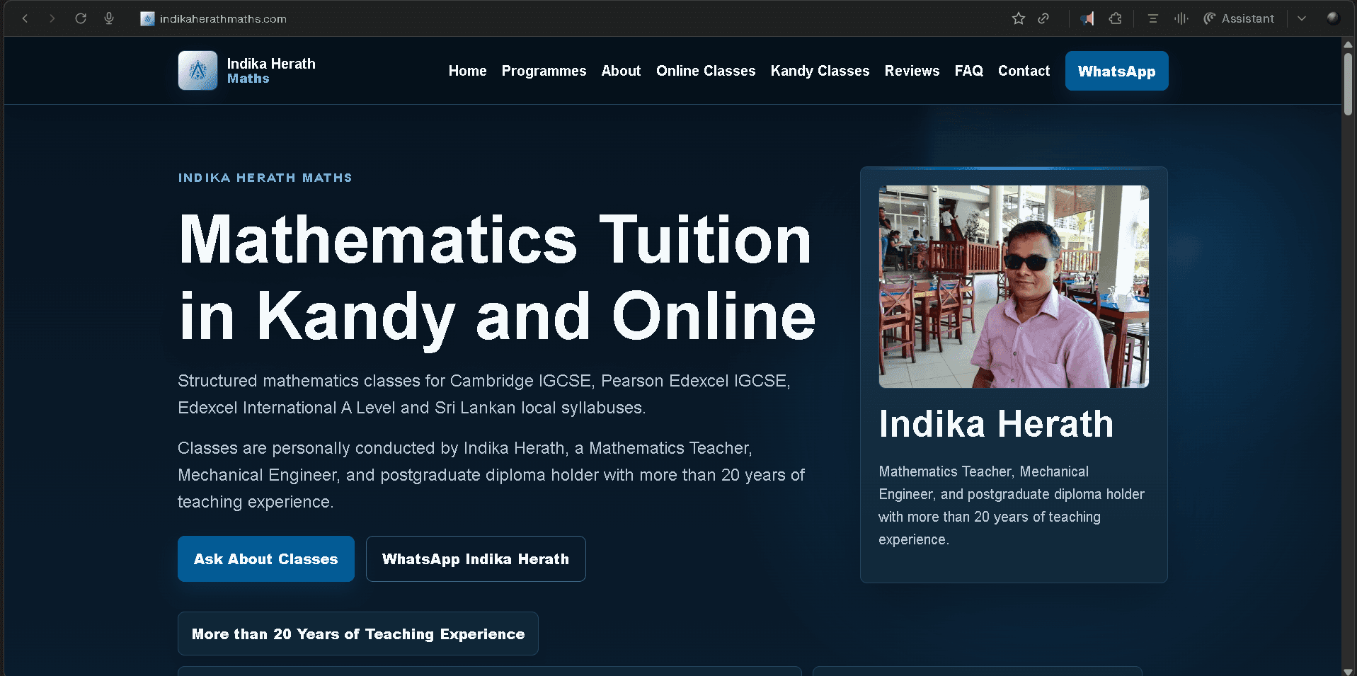Indika Herath Maths homepage screenshot showing the mathematics tuition hero section