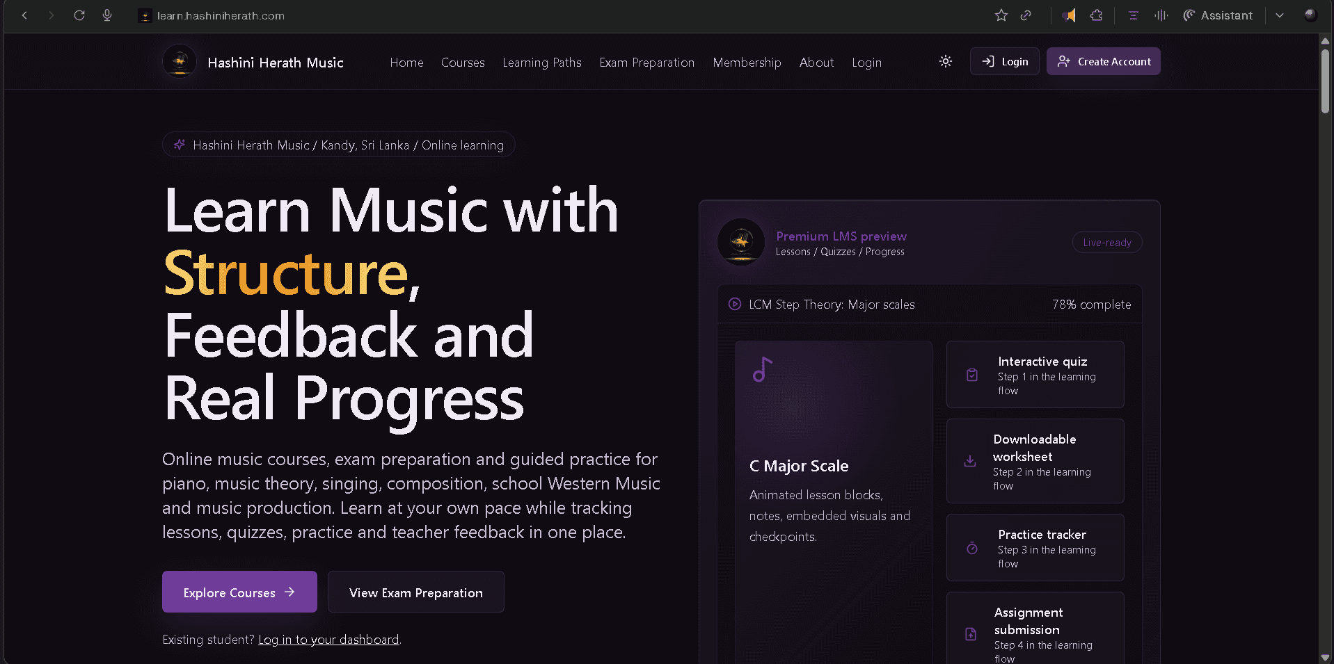 Learn Hashini Herath homepage screenshot showing structured music course learning